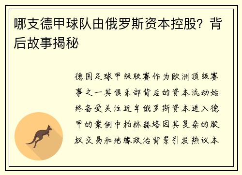哪支德甲球队由俄罗斯资本控股？背后故事揭秘